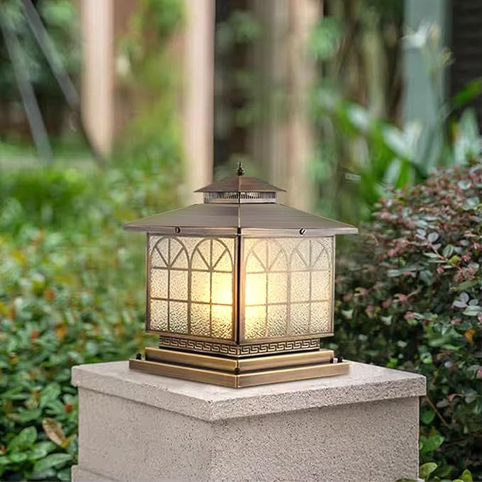 All Copper Steel Glass Outdoor Post Lights, Waterproof Pillar Light, Vintage Patio Lawn Column Lamp,Outdoor Column Lights,Deck Lights, Lantern Fence Lamp Fixture E26 Base (Arch Glass, 12X12IN)