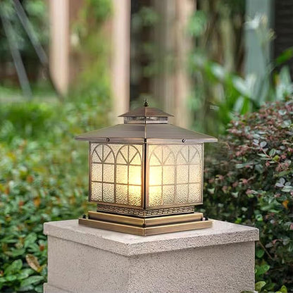 All Copper Steel Glass Outdoor Post Lights, Waterproof Pillar Light, Vintage Patio Lawn Column Lamp,Outdoor Column Lights,Deck Lights, Lantern Fence Lamp Fixture E26 Base (Arch Glass, 12X12IN)