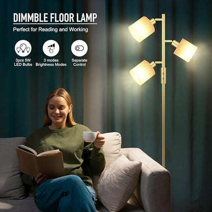 Gold Floor Lamps for Living Room, 3 Color Temperature, 3 Light Tree Standing Lamp, Minimalist Corner Floor Lamp with Lamp Shades Modern Pole Lamp for Bedroom Office Kids Room, Reading (5W LED Bulbs)