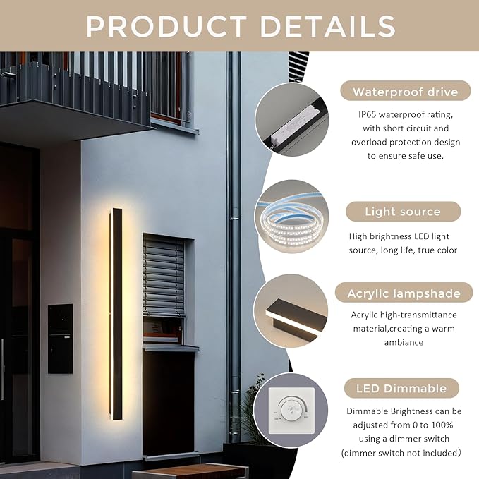 Modern Outdoor Wall Lights 79 Inch 3000K LED Outdoor Wall Light for House Exterior Wall Garage Entrance Lighting Fixtures IP65 Waterproof Long Strip Wall Sconces for Doorway Patio Passage