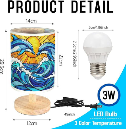 Dolphin Table Lamp LED 3-Color Pressed Bedside, Dolphin Shade Lamp with Wood Base for Bedroom Living Room Desk Office TL01