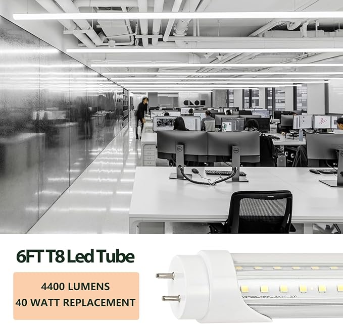 6 Pack 6FT T8 LED Tube Light 40W G13 Bi-Pin Cap Cool White with Bright Dual-Row LEDs T8 T10 T12 Fluorescent Light Bulbs Replacement 6 Foot Shop Lights