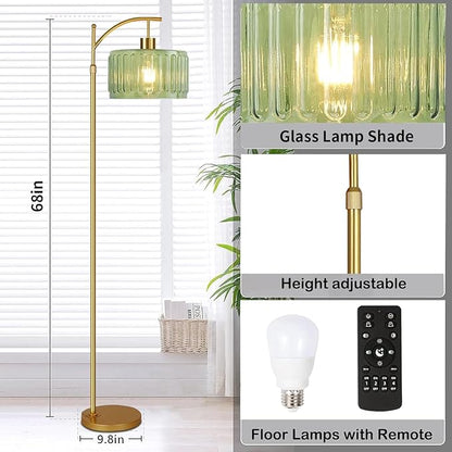 Glass Floor Lamp for Living Room,Bedroom,Gold Mid Century Modern Standing Lamp with Remote,Dimmable Brass Tall Lamp Vintage Retro Green Arc Flower Floor Light Boho Bohemian