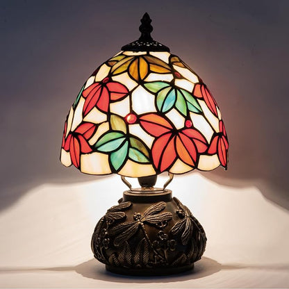 Tiffany Style Stained Glass Mushroom Table Lamp 8" White Red Green Maple Leaf Floral Shade Nightstand Light for Bedroom Dorm Living Coffee Office Housewarming Gift (White Maple Leaf)