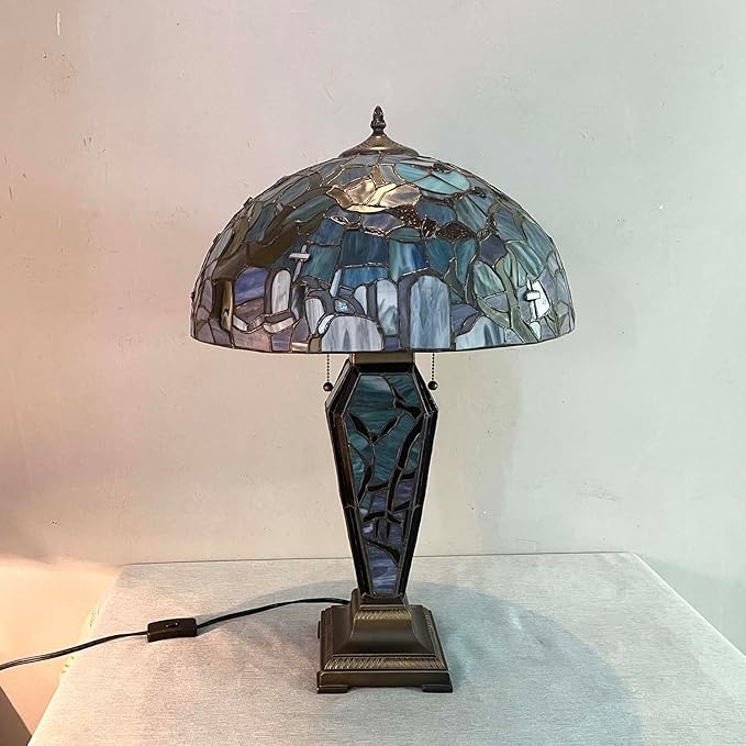 Bieye L13005 Tiffany-Style Stained Glass Table Lamp - Gothic Graveyard Night Scene with Bats, and Coffin-Shaped Base (Dark Green, 16Wx26H inch)