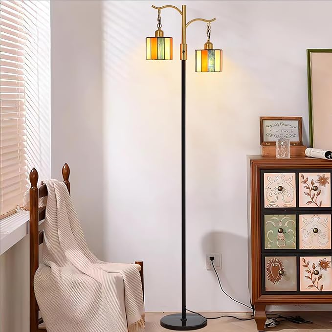 Vintage Dimmable Floor Lamp, Tiffany Standing Lamp with 2 Stained Glass Shades, Rustic Farmhouse Floor Lamp with Black and Gold Finish for Living Room Bedroom