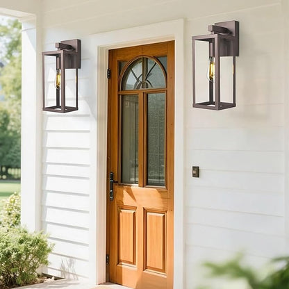Outdoor Wall Light with Clear Glass, Anti-Rust Exterior Wall Sconce, Weather Resistant Outdoor Lantern, Exterior Lighting for Porch, Patio, Garage, Entryway (Oil-Rubbed Bronze, 15.5"Height-2 Pack)