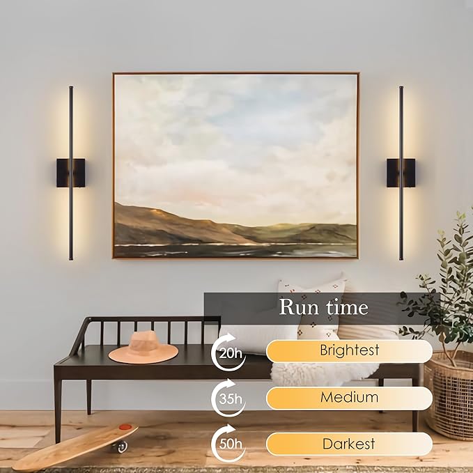 Battery Operated Wall Sconces with Remote Control, Dimmable Wall Sconces Set of Two, 350°Rotate, 3000K LED Black Wireless Wall Light for Living Room, Hallway, Bedroom, 32.2 Inch (2 Pack)