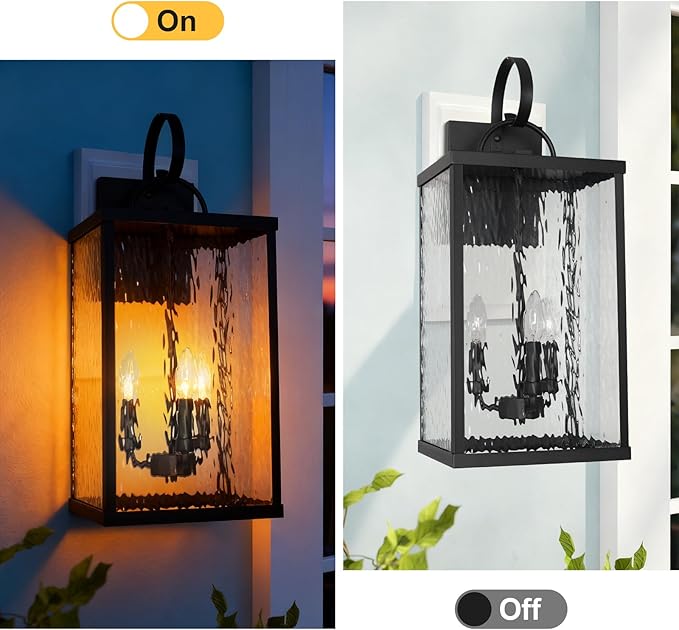 Large Outdoor Wall Light Fixture, 24" Modern Exterior Wall Lantern with Water Ripple Glass, Matte Black Waterproof Wall Sconce Porch Light for Patio, Garage, Front Door, Garden, Yard, Entryway