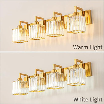 Modern Crystal Bathroom Vanity Light 4-Lights Gold Brushed Brass Finish Modern Crystal Wall Lamp Bathroom Vanity Lighting