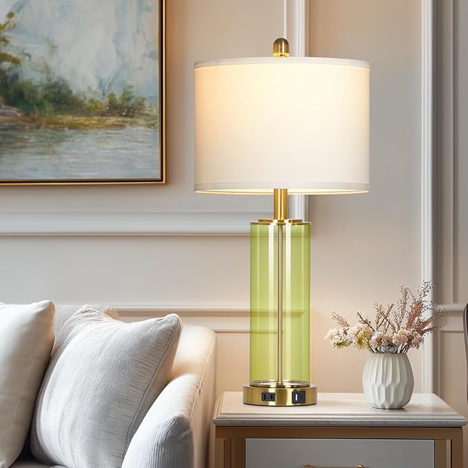 26" Green Glass Table Lamps for Bedside, Modern Living Room Lamps Set of 2, Elegant Coastal Bedroom Lamp with USB A+C Ports & AC Outlet, 3-Way Dimmable Touch Lamp for Nightstand Dining Table