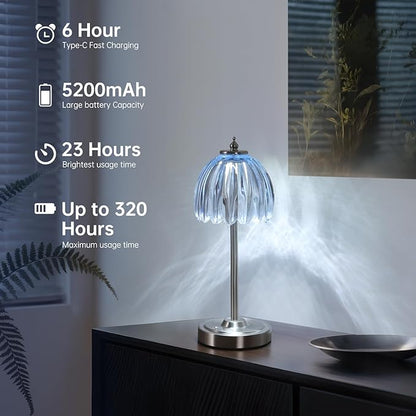 Tulip Table Lamp with 5200mAh Battery & Touch Control, Cordless Small Table Lamp with 3 Colors, Dimmable Rechargeable Table Lamps for Living Room, Bedroom, Bedside (Clear Light Blue Tulip)