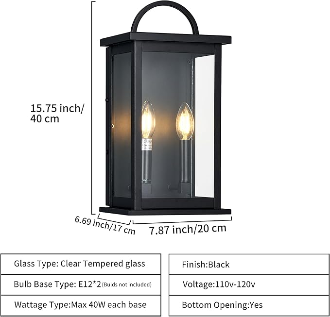Outdoor Wall Sconce,2-Light in Black Rectangular Metal Frame and Clear Glass Shade Waterproof Porch Light Patio Light,Bulbs Not Included