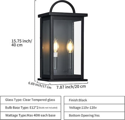 Outdoor Wall Sconce,2-Light in Black Rectangular Metal Frame and Clear Glass Shade Waterproof Porch Light Patio Light,Bulbs Not Included