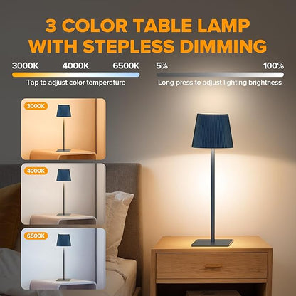 LUTEC 2 Pack Cordless Table Lamp,6000mAh Rechargeable Battery Operated Desk Lamp,Two Adjustable Heights,Waterproof, Touch Control & 3 Color Stepless Dimming for Restaurant/Bedroom/Bars/Outdoor (Blue)