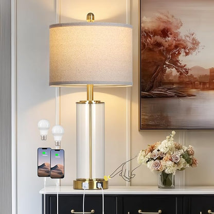 26" Gold Glass Table Lamp for Living Room Single, 3-Way Dimmable Touch Control Bedroom Lamps with USB C+A Ports & AC Outlet, Modern Bedside Lamp for Nightstand Side End Table (Bulb Included)