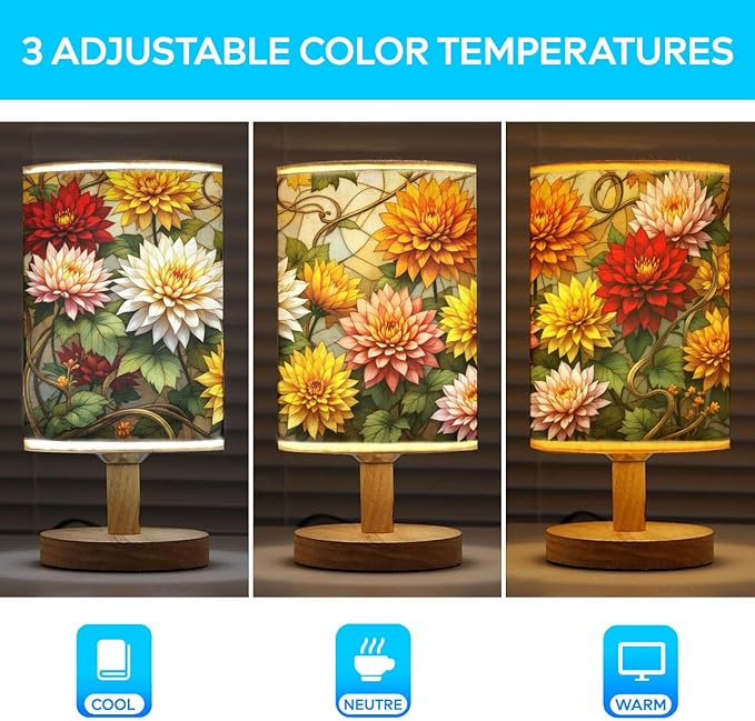 Chrysanthemum Table Lamp LED 3-Color Pressed Bedside, Chrysanthemum Shade Lamp with Wood Base for Bedroom Living Room Desk Office