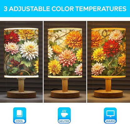 Chrysanthemum Table Lamp LED 3-Color Pressed Bedside, Chrysanthemum Shade Lamp with Wood Base for Bedroom Living Room Desk Office