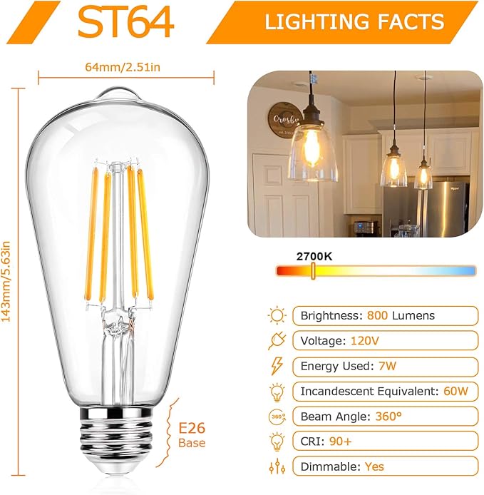 12Packs ST64 Large Vintage LED Edison Bulbs, 60W Equivalent 7W, 800Lumens, Dimmable Antique LED Filament, 2700K Warm White, E26 Medium Base Light Bulbs High Brightness Clear Glass for Bedroom Office