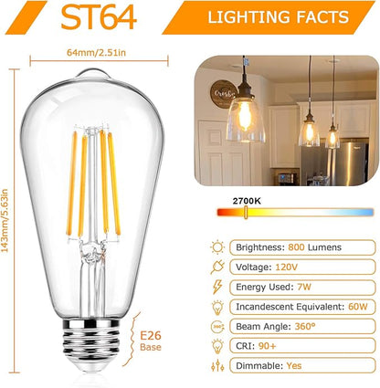 12Packs ST64 Large Vintage LED Edison Bulbs, 60W Equivalent 7W, 800Lumens, Dimmable Antique LED Filament, 2700K Warm White, E26 Medium Base Light Bulbs High Brightness Clear Glass for Bedroom Office