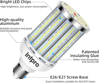 Intpro LED Corn Light Bulb LED Light Bulb 550W Equivalent 7500 Lumen 6500K 60W Large Area Cool Daylight White E26/E27 Base for Outdoor Indoor Garage Warehouse Factory Workshop Street Backyard 2Pack