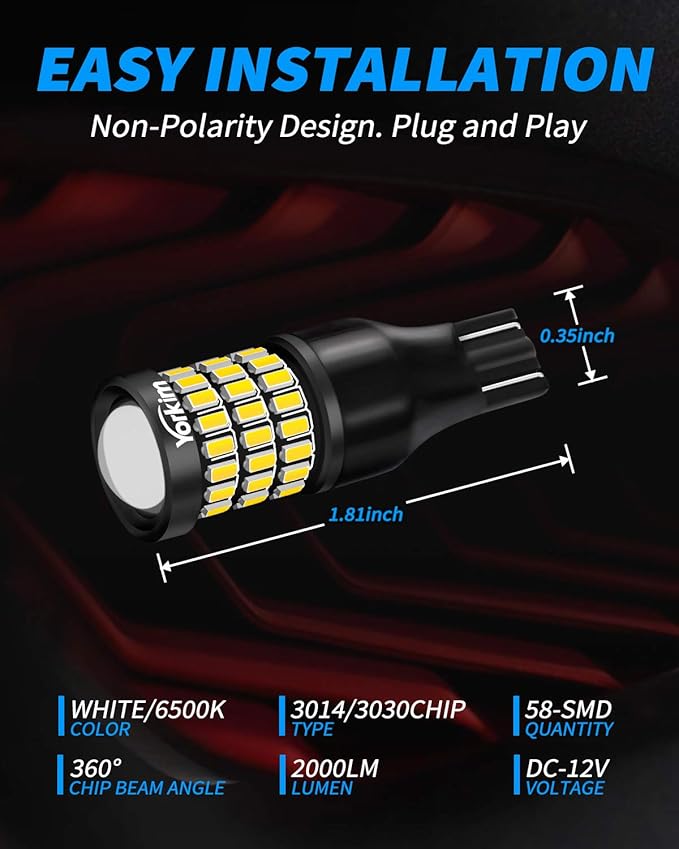 Yorkim 921 LED Bulb 912 Led Reverse Light Super Bright 3014 3030 58-SMD Chipsets Error Free, 921 led backup lights T15 LED Bulb 906 904 902 W16W 921 912 Reverse Lights, 6500K White, Pack of 2