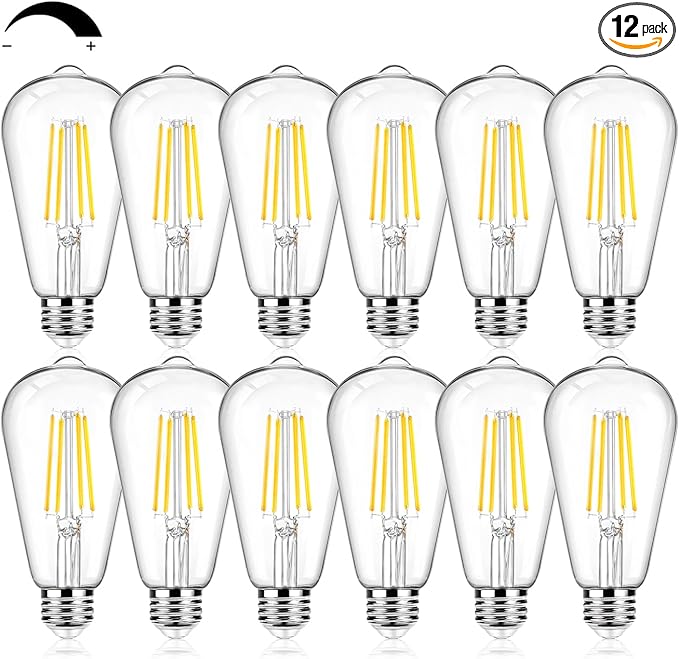 12Packs ST64 Large Vintage LED Edison Bulbs, 60W Equivalent 7W, 800Lumens, Dimmable Antique LED Filament, 3000K Warm White, E26 Medium Base Light Bulbs High Brightness Clear Glass for Bedroom Office