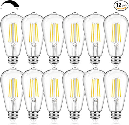 12Packs ST64 Large Vintage LED Edison Bulbs, 60W Equivalent 7W, 800Lumens, Dimmable Antique LED Filament, 3000K Warm White, E26 Medium Base Light Bulbs High Brightness Clear Glass for Bedroom Office