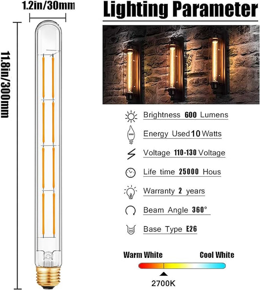 XININSUN T300 Led Bulb, 11.8 Inch Long Tubular Led Light Bulbs, 100Watt Equivalent, 1000lm, Dimmable, Clear Glass, E26 10W T10 LED Edison Tube Lamp Bulb,4 Pack. (10W=100W 2700K)