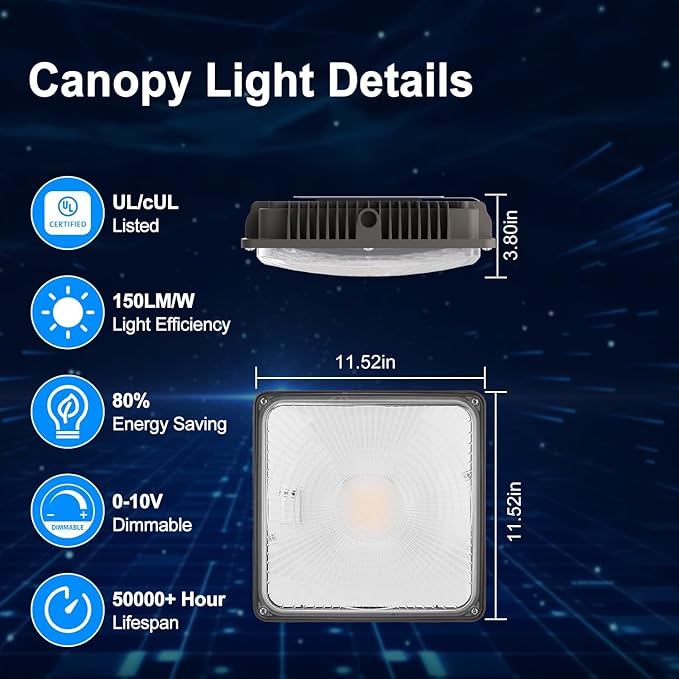 120W LED Canopy Light for Gas Station Light, 18000lm 0-10V Dimmable 5000K LED Canopy Lights, IP65 Waterproof Commercial Canopy Lights for Outdoor Garage Warehouse Shop Carpor UL Listed, 1 Pack