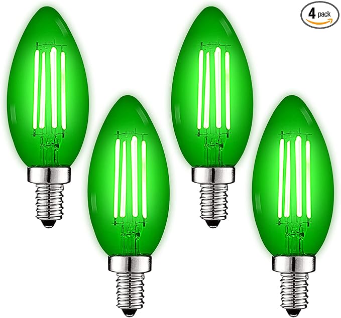 LUXRITE E12 LED Filament Green Light Bulb, 4.5W (40W Equivalent), Colored Glass Candelabra Bulb, UL Listed, E12 Base, Indoor Outdoor, Porch, Decoration, Party, Holiday, Event, Home Lighting (4 Pack)