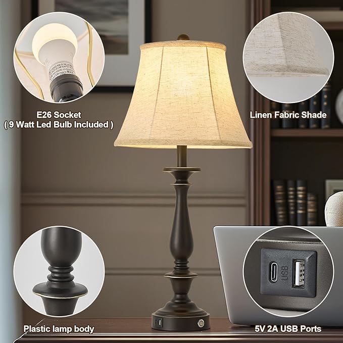 AIDENOEY 28.5" Traditional Table Lamp Set of 2, Rustic Farmhouse Table Lamps for Living Room Bedroom, Bedside Desk Lamps Vintage Nightstand Lamps with Silk Fabric Shades, Black Sweep White Gold
