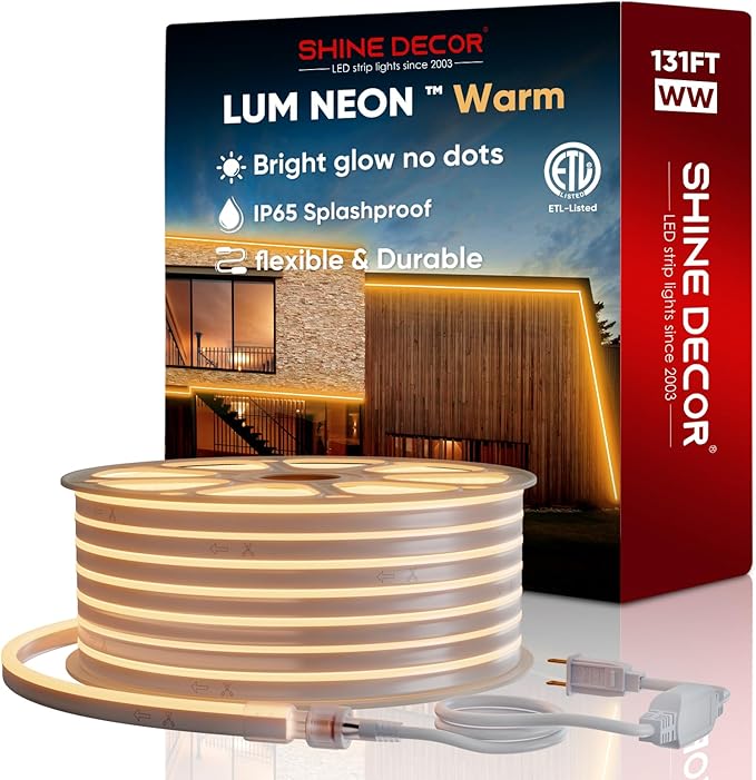 Shine Decor LED Neon Rope Lights AC 120V, Expandable & Cuttable 120LEDs/M Bright Strip Lighting, ETL Cold-Resistant & IP65 Waterproof for Indoor Outdoor, 8x16mm, 2500K Warm White, 131.2ft