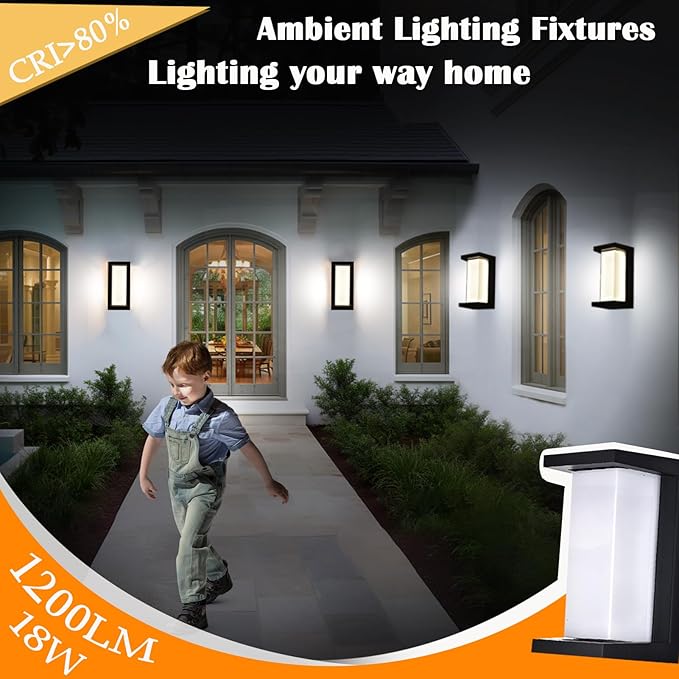 Black Exterior Lighting Fixtures, Rectangular Modern Front Porch Light Fixtures, 12W Outdoor Wall Light Fixtures Wall Mount, IP65 Waterproof Outdoor Wall Sconce 3-Color-Changeable
