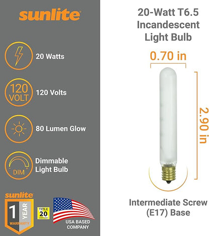 Sunlite 41720 Incandescent T6.5 Tubular Light Bulb, E17 Intermediate Base, 20 Watts, 80 Lumens, Dimmable, Mercury Free, Title 20 Approved, 2600K Warm White, Clear Glass, 25 Count