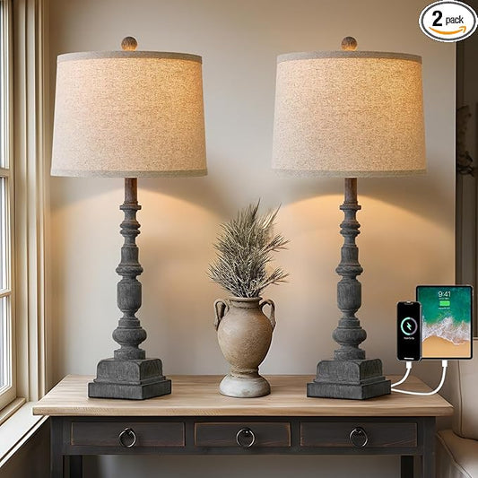 Oneach 27.75" Farmhouse Table Lamps Set of 2, USB A+C, Rustic Tall Table Lamp for Living Room, Traditional Rustic Lamps Bedside Lamps for Bedroom Office End Table, Antique Grey