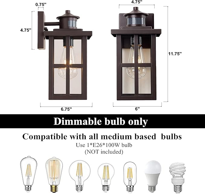 MICSIU Outdoor Porch Lights Motion Sensor 2 Pack, Bronze Dusk to Dawn Exterior Lighting Fixtures, 11.75 Inch Outside Light Fixture for House Front Porch Garage