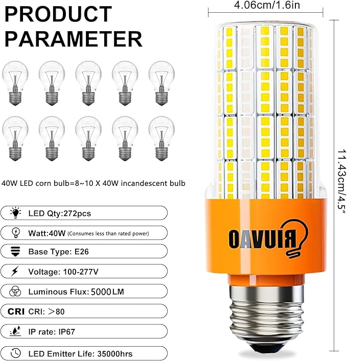 40W LED Corn Light Bulb, 320W Equivalent 5000LM, 5000K Daylight, Waterproof & 90% Energy Saving - E26 Base Corn Cob Light for Home, Garage, Fan (2-Pack)