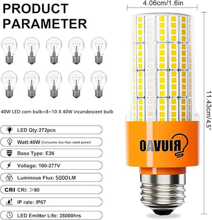 40W LED Corn Light Bulb, 320W Equivalent 5000LM, 5000K Daylight, Waterproof & 90% Energy Saving - E26 Base Corn Cob Light for Home, Garage, Fan (2-Pack)