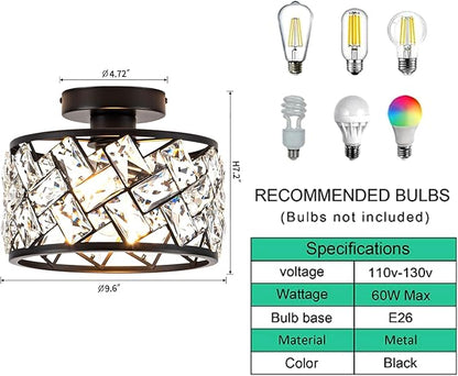 Crystal Ceiling Light Fixture, Modern Semi Flush Mount Ceiling Light,Crystal Chandelier for Kitchen Bedroom Bathroom Entryway, Black Finish