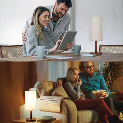 Small Table Lamp Nightstand Lamp Linen Lampshade Bedroom Wood Base Small Bedside Lamp for Night Stands, Desk Lamps for Reading Living Room, Office (LED Bulb Included) (Walnut Wood Cordless(2))