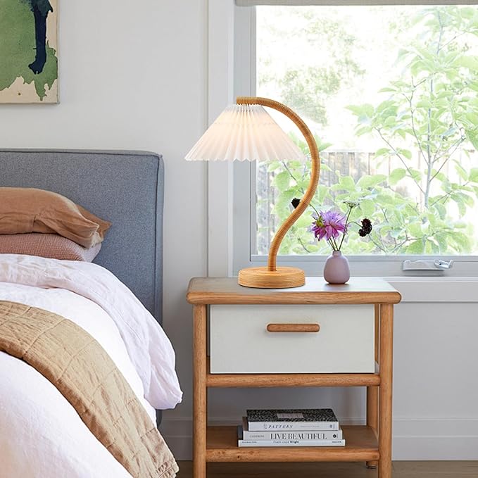 Boho Hand Woven Rattan Table Lamp with White Fabic Shades Plug in and Play Gooseneck Table Light for Bedside Living Room Bedroom Office