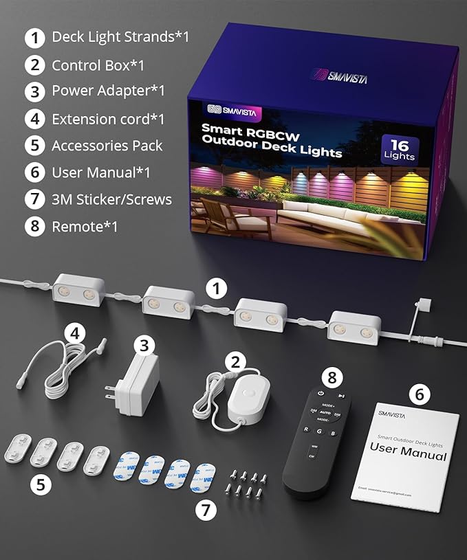 Outdoor Deck Lights 16 Packs, Smart RGBCW Fence Light, 100+ Scene Modes, Dual Lens LED String Lights with APP/Voice/Remote Control, IP65 Waterproof for Halloween Christmas Decor, 105ft White