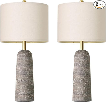 BOBOMOMO 27.25" Modern Table Lamp Set of 2, Light Grey Resin Table Lamps with Stone Look, Lamps for Living Room with Linen Shades, Bedroom Nightstand Lamps, Table Lamps for Living Room End Tables