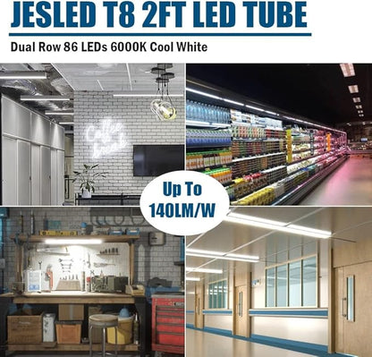JESLED 2FT T8 LED Tube Light, 12W(30W Equivalent), 1680LM, 6000K, Ballast Bypass, 24 Inch F17T8 Fluorescent Bulb Replacement, Dual Ended, 24” Lighting Tube Fixture (4-Pack)