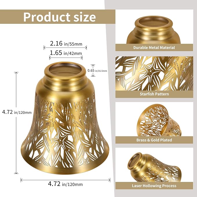 Pendant Light Shades, 4 Pack Ceiling Fan Light Shade Replacements with 1-5/8" Fitter, ALUCSET 4.72" Height 4-3/4" Diameter, Metal Bell Shaped Cover for Chandelier Wall Sconces,Yellow Brass&Gold Plated