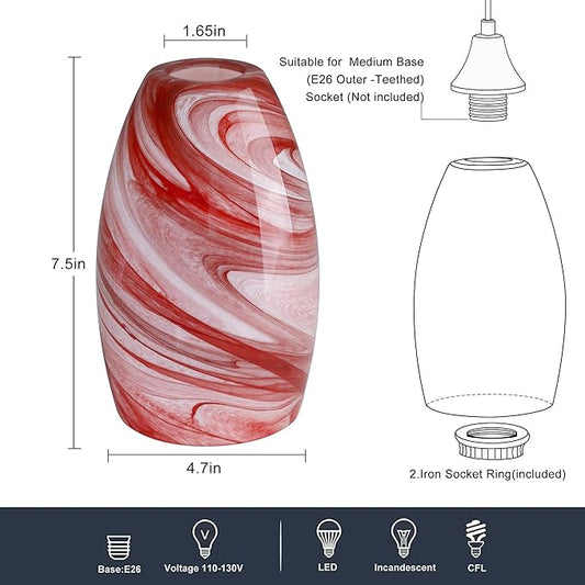 Glass Pendant Lamp Shade 4.72" Art Glass chandeliers Cover,Burgundy Marble Pendant Light Shade Mini Oval Light Shade Replacement Shade Only Light Fixtures for Kitchen Island pendant light