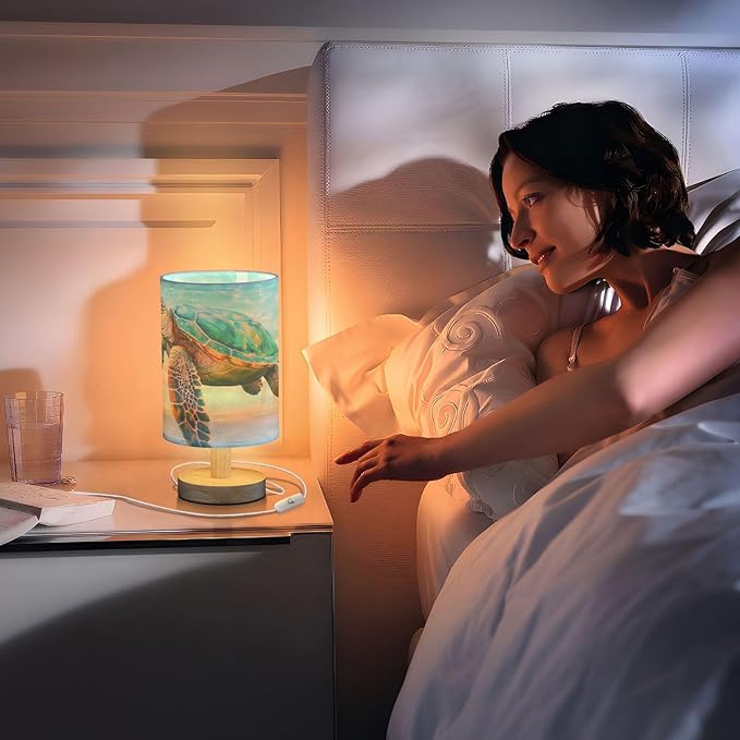 Bedside Lamp Sea Turtle Beach Table Lamp for Bedroom LED Nightstand Lamp Shade USB Ports Wood Base for Living Room Dorm Office