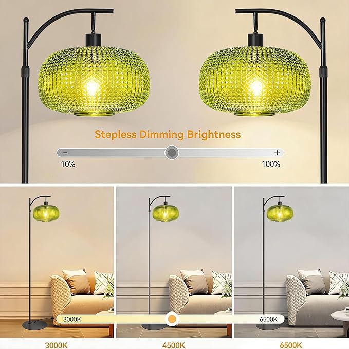 Floor Lamp for Living Room with Green Glass Shade, Modern Standing Lamp with Remote Control, Black Dimmable Tall Lamp for Bedroom Office with 12 LED Bulb