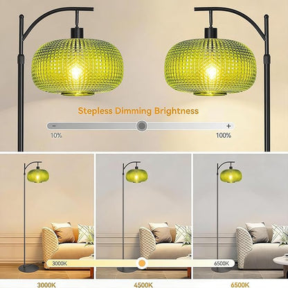Floor Lamp for Living Room with Green Glass Shade, Modern Standing Lamp with Remote Control, Black Dimmable Tall Lamp for Bedroom Office with 12 LED Bulb